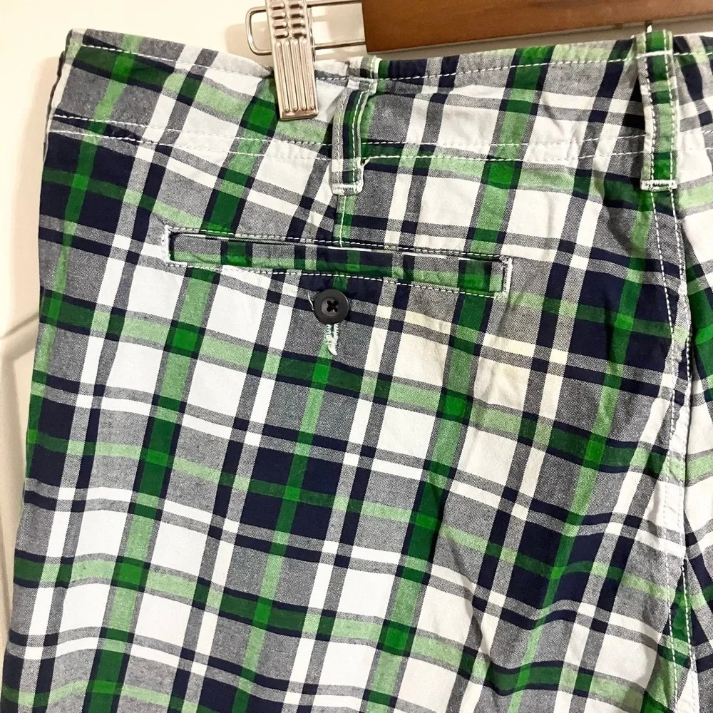 GAP 100% Cotton Plaid Mid Rise Flat Front Chino Short Green Men's 38